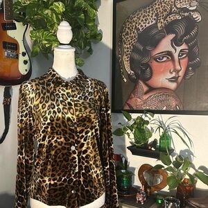 Vintage 1990s Leopard Print Velvet Velour Button-Up Top